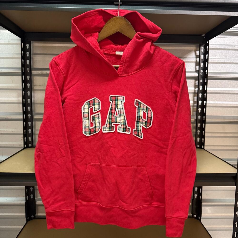 Gap Kids Red Plaid Arch Logo Hoodie Pullover Sweatshirt Size M Unisex